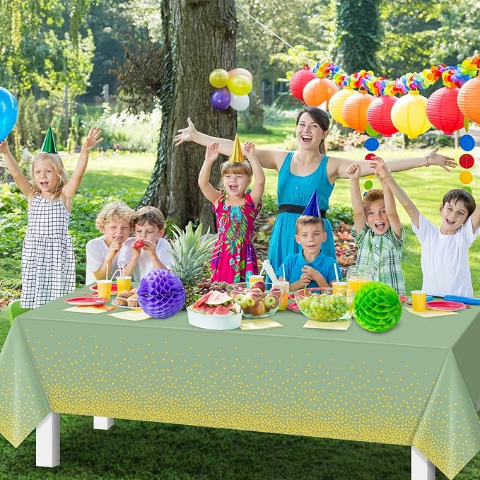 FunnyPars 1 Pack Sage Green and Gold Plastic Tablecloth, Green Disposable Table Cloth for Rectangle Tables, Gold Dot Light Green Tablecloth for Baby Shower Birthday Wedding Party Decorations, 54"x108"