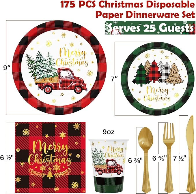 Christmas Party Decorations Supplies - 175 PCS Christmas Xmas Disposable Dinnerware Set(25 Guest) with Buffalo Plaid Truck Tree Paper Plates Napkin Cup Plastic Fork Knives Spoon for Holiday Decor