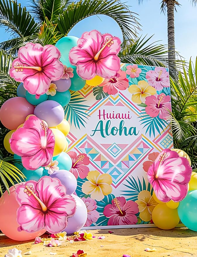 10Pcs Tropical Hibiscus Foil Balloons, Pink Hibiscus Flowers Balloon for Magic Theme Summer Hawaiian Luau Aloha Birthday Party Decorations
