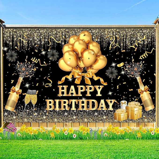 YinQin 180x120 cm Glitter Golden Black Happy Birthday Party Photography Backgrounds Backdrops Cloth 71x47 inch Shiny Black Gold Happy Birthday Sign Banner Bday Party Supplies Decoration for Women Men
