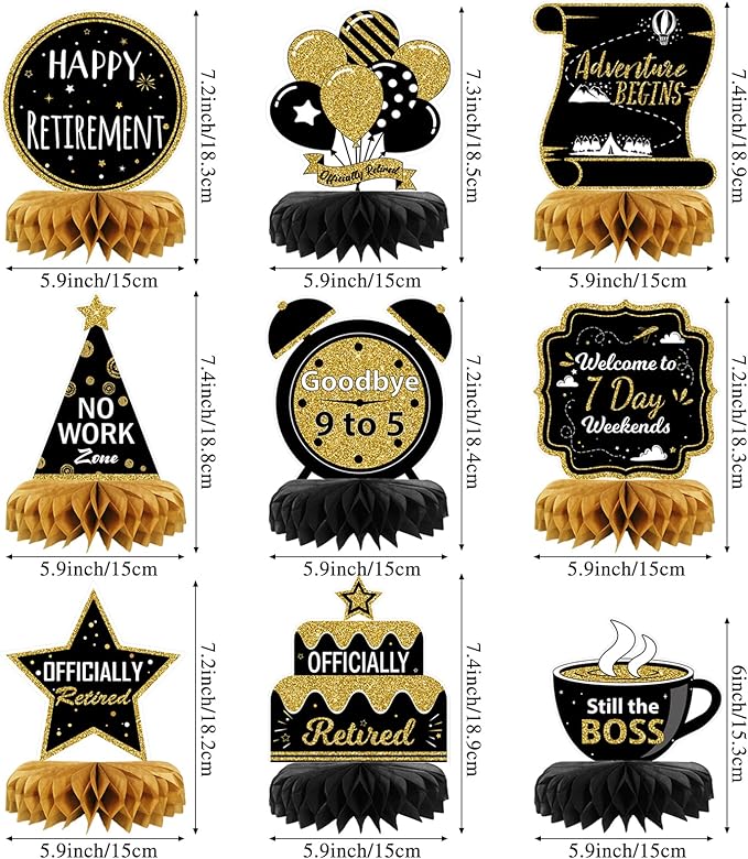 9PCS Retirement Party Decorations, Black and Gold Retirement Table Decorations, Retirement Centerpieces for Table, Retirement Decor for Retirement Party Men and Women