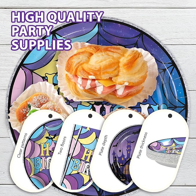Grencian 96Pcs Purple and Black Birthday Party Decoration Gothic Spider Web Plates and Napkins Purple Black Theme Disposable Paper Tableware Set for Kids Boys Girls Birthday Party Supplies Serves 24