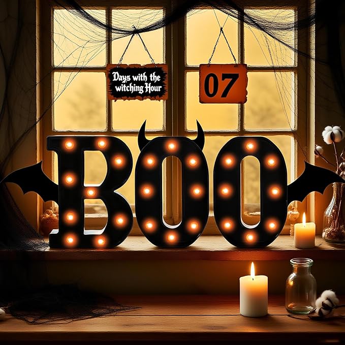 3 Pcs LED Marquee Light Up Letters Black Boo Sign Halloween Decorations Indoor Boo Halloween Lights for Home Kitchen Tabletop Fireplace Party Decoration (Orange)