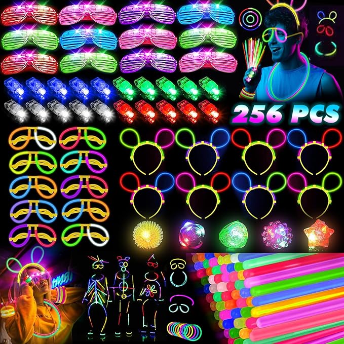 Glow in the Dark Supplies for Kids Adults, Light Up Party Favors, 56 LED Light Up Toys, 100 Glow Sticks Bulk Party Pack DIY Glasses Headbands Necklaces for Neon Party Supplies & Decorations