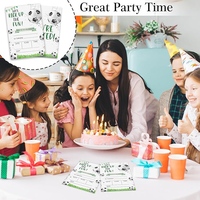 Soccer Birthday Invitations, Let's Kick Up the Fun Invites for Boys Girls, 4 x 6 inch, 20 Pcs Double-Sided Fill In Invitations with Envelopes