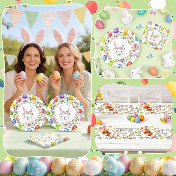 Easter Plates and Napkins Set for 20 Guests - 40 Pcs Disposable Easter Dinnerware, 9 Inch Colorful Egg & Bunny Floral Paper Plates 20pcs and Napkins 20pcs for Dinner, Spring Party Decorations