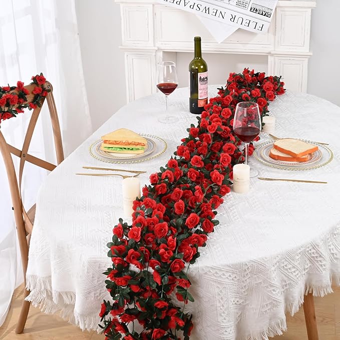 MARTINE MALL Rose Flower Garland, 5 Strands 41Ft Vines for Room Decor, Red Rose Floral Garland for Birthday, Wedding & Party