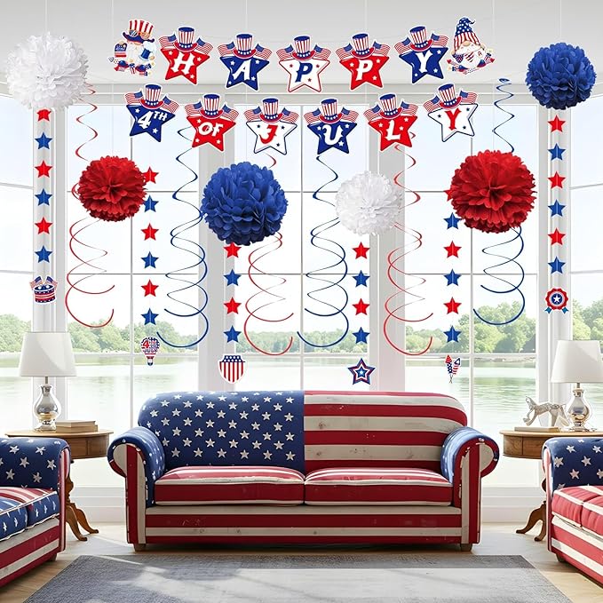 31Pcs 4th of July Party Decorations, Red White and Blue Decor Set with Banner, Hanging Swirls, Pom Poms & Star Streamers,Patriotic Decorations for Independence Day Outdoor Home Office Mantel