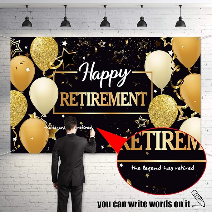 Blulu Retirement Party Decorations, Extra Large Fabric Retire Sign Banner Photo Booth Backdrop Background with Rope for Retirement Party Favor(70.8 x 43.3 Inch,Black and Gold)