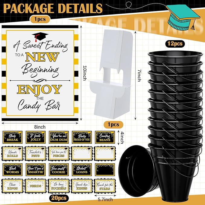 12 Set 2026 Graduation Candy Buffet Party Decoration Graduation Table Candy Bar Snack Labels Signs and 5'' Buckets with Handle for Class of 2026 Party Parties Supplies(Plaid Border Style,Black)