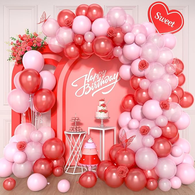 Red and Pink Balloon Arch Kit, 120Pcs Pastel Pink and Red Balloon Garland Kit Pearl Pink Party Balloons Latex Balloons for Valentines Day Decorations Birthday Baby Shower Wedding