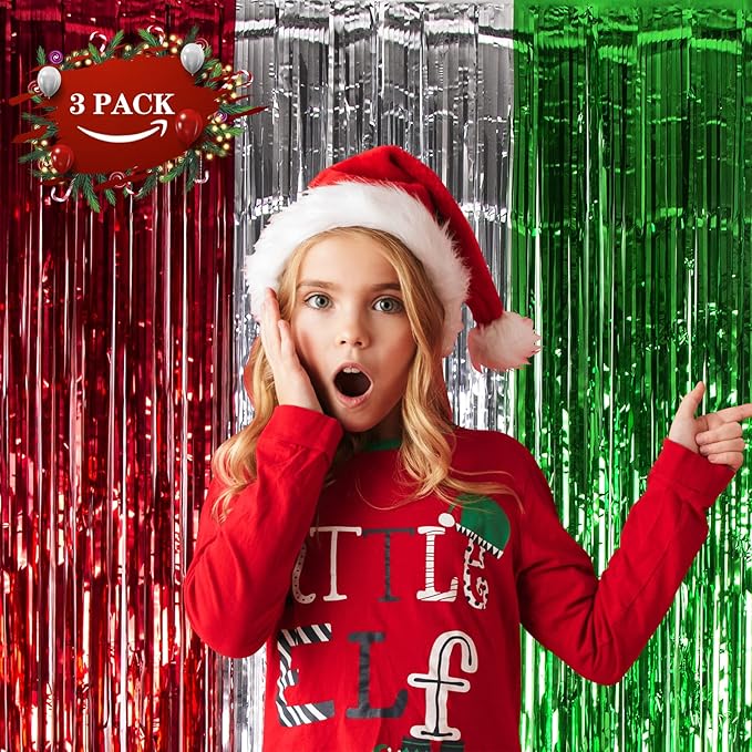 LOLStar 3 Pack Christmas Party Decorations 3.3 x 6.6ft Foil Fringe Curtains Red Silver Green Tinsel Metallic Photobooth Props Backdrop Streamers for Christmas in July, New Year, Ugly Sweater Party