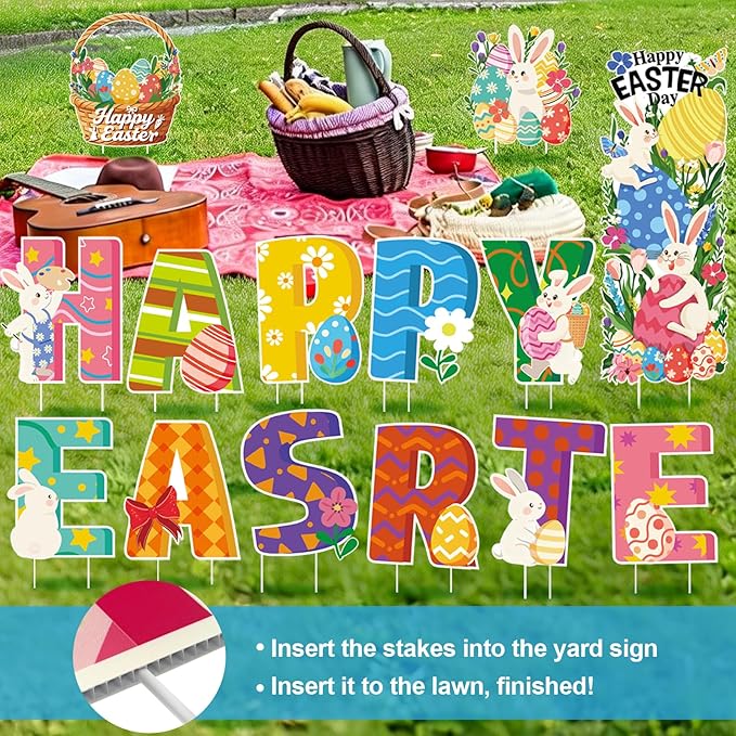 15PCS Happy Easter Yard Signs Set, 34” Large Happy Bunny & Egg Outdoor Easter Decorations on H-Shaped Metal Stand, Outdoor Lawn & Garden, Easter Party, Pathway, Patio, Spring Holiday