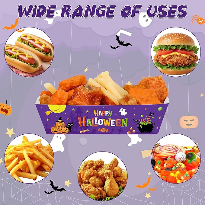 50 PCS Halloween Decorations, Disposable Halloween Paper Food Trays, Fold-to-Assemble Halloween Party Favors, Take Out Food Serving Tray for Trick or Treat Party Food Storage Serving Supplies