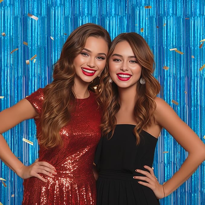2 Pack Foil Fringe Backdrop - Laser Blue Shiny Tinsel Curtains for Party Decoration/Photo Booth Props - 3.3x6.6 FT Metallic Foil Backdrop for Birthday, Wedding, Graduation, Christmas.
