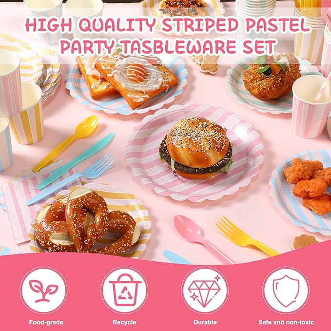 220 Pcs 24 Guests Pastel Stripe Party Decoration Supplies, 7 and 9 Inch Pastel Disposable Paper Plate, Napkins Paper Cup with Straws for Tableware Birthday Wedding Baby Shower Spring Picnic