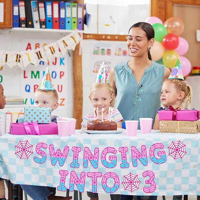 TaoBary Spider Theme 3rd Birthday Banner, Pre-strung Swinging into 3 Banner, Spider 3rd Birthday Decorations Party Supplies for Kids, Third Decor for 3 Year Old Boys Girls(Pink and Blue)