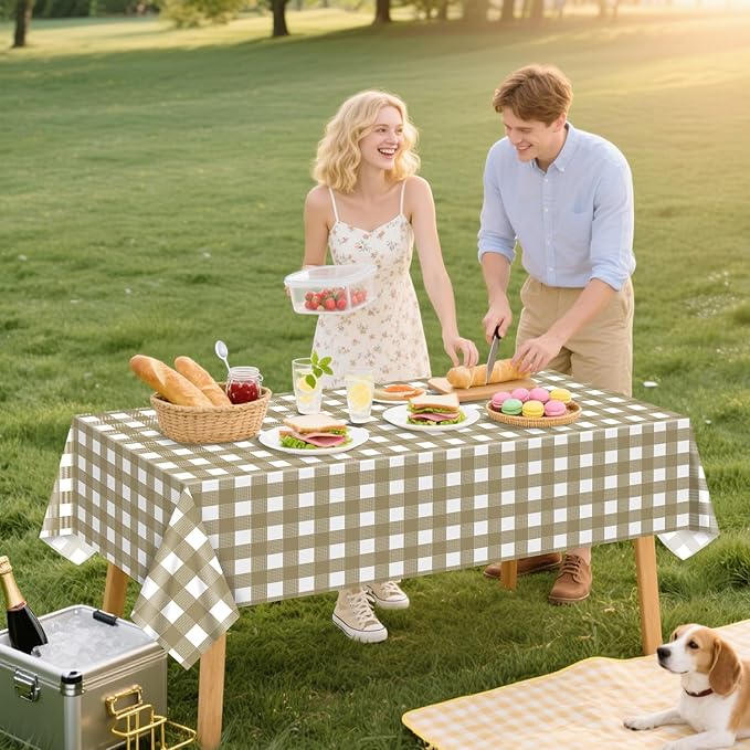 4 Pack Khaki Tablecloths, Khaki and White Checkered Tablecloths 86 x 51 Inches Gingham Tablecover Rectangular Waterproof Picnic Table Covers for Birthday Party Supplies