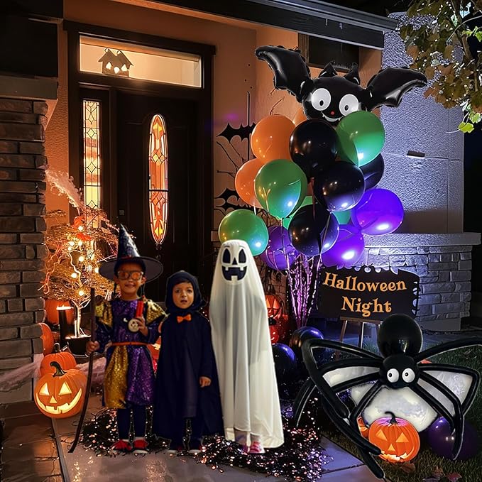 Halloween Balloon Garland Arch Kit 100+pcs Orange and Black Purple green balloons with Spooky Bat Pumpkin foil Balloons spider web for fall Halloween Party spooky-themed birthday Decorations