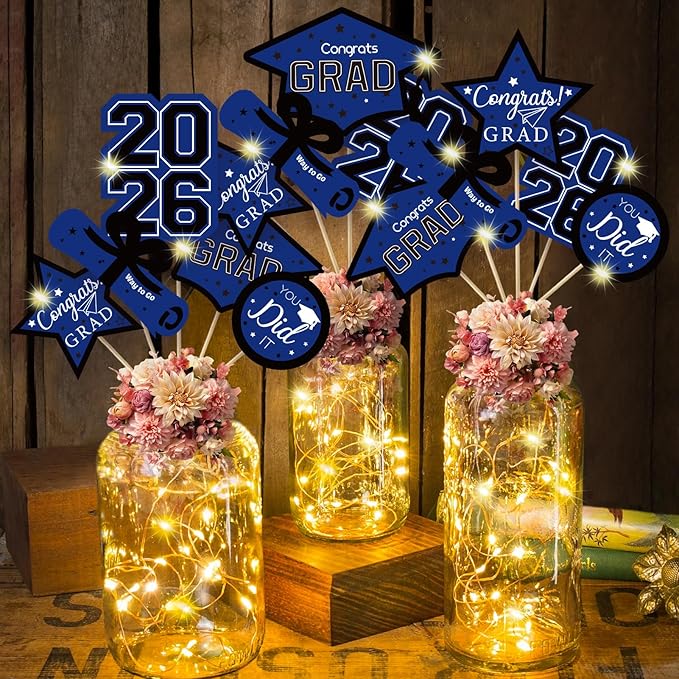 OuMuaMua Graduation Decorations Class of 2026-30pcs Blue and Black Graduation Table Centerpieces Sticks Table Toppers with Lights for College High School Congrats Grad Party Supplies