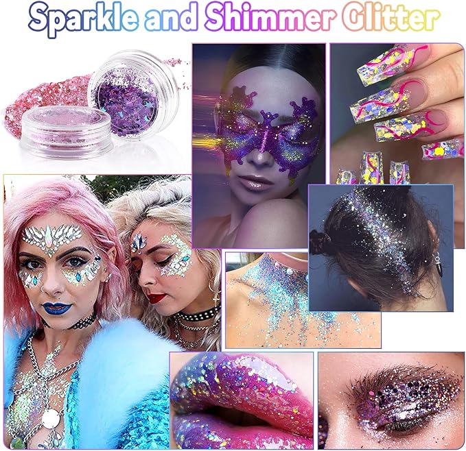 Laza Body Glitter, 2 Jars Holographic Chunky Sequins with Glitter Glue Perfect for Women Eyeshadow Makeup Face Paint Festival Rave outfits Hair Accessories Carnival Party Costumes - Bright Gold Silver