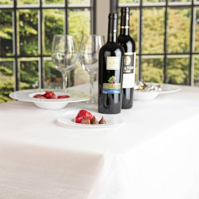 PLASTICPRO Disposable 3 Ply Paper & Plastic Tablecloth Absorbent, Waterproof, White Table Cover for Rectangle Tables fits 6-8 Foot Tables Size: 54'' X 108'' Case of 40