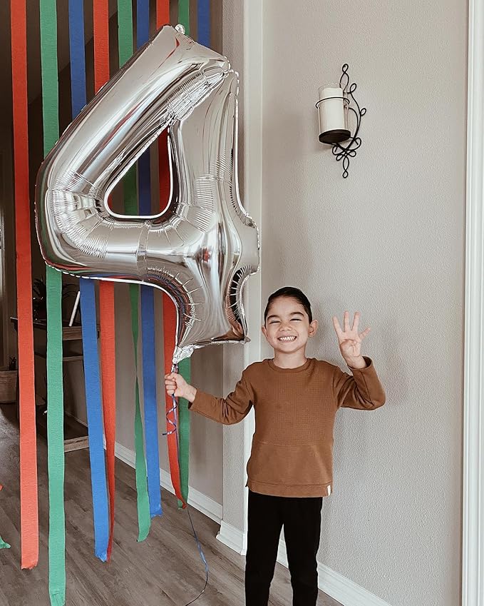 Silver Number 4 Balloon 40 Inch, 4 Balloon Number, 4th Birthday Decorations, Silver Party Supplies for Boys Girls