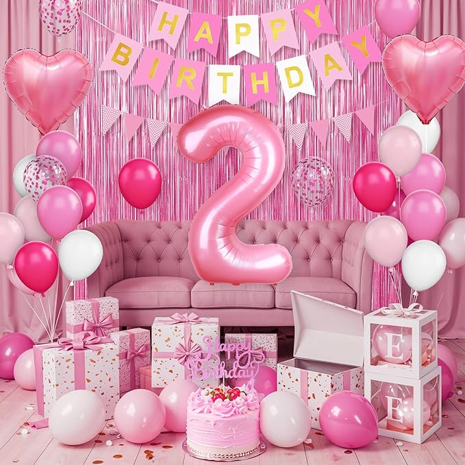 2nd Birthday Decorations for Girls, Hot Pink Balloons with Happy Birthday Banner, Fringe Curtain, Cake Topper, Glue, Ribbon
