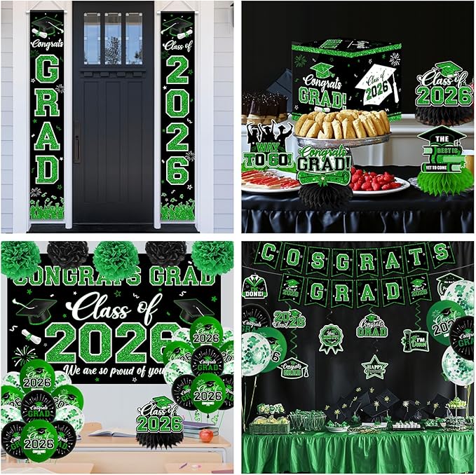 Graduation Decorations Class of 2026,Green Graduation Decorations 2026- Congrats Grad Decorations Banner ＆ Hanging Swirls,Graduation Card Box,Paper Pompoms,Balloons,Porch Sign for College Grad Party