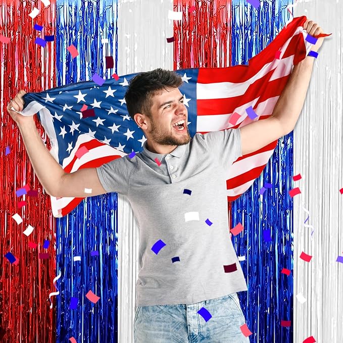 3 Pack White Blue Red Foil Fringe Curtain Backdrop, 3.28Ft x 6.6Ft Metallic Tinsel Foil Fringe Streamer Curtains for Photo Booth, Christmas Day, Thanksgiving, Wedding, New Year Party Decorations