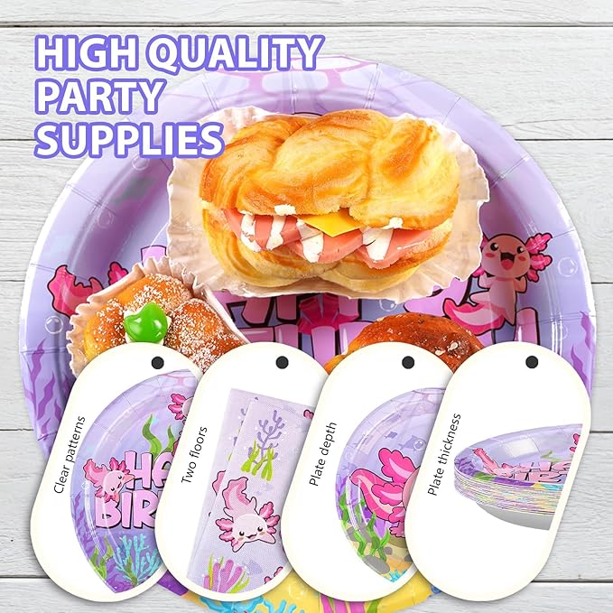 96Pcs Axolotl Birthday Party Supplies Pink Cartoon Axolotl Party Plates and Napkins Tableware Sets Reptile Animals Axolotl Party Decorations for Kids Girls Baby Shower Party Favors, Serves 24
