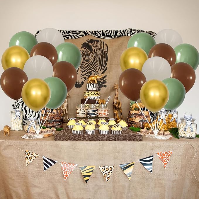 Sage Green and Brown Balloons, 12Inch Olive Green Gold and Brown Latex Balloon, Safari Jungle Coffee White Sagegreen Balloons for Woodland Animal Theme Kids Birthdays Hunting Zoo Party Decorations