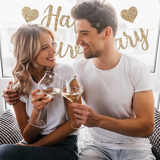 Pre-Strung Happy Anniversary Banner - No DIY - Gold Glitter Wedding Anniversary Party Banner in Script - Pre-Strung Garland on 6 ft Strands - Wedding Decorations & Decor. Did We Mention No DIY