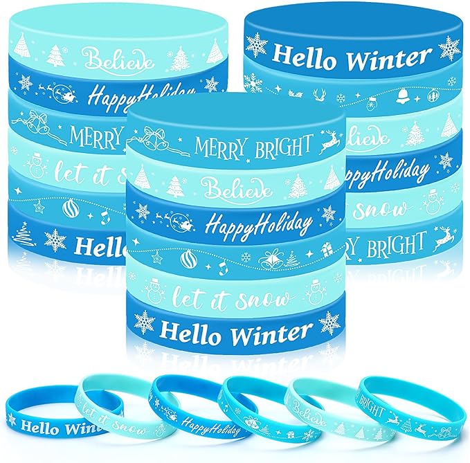 JUNEBRUSHS 42Pcs Winter Party Favors,Snowflake Silicone Bracelets Elk Christmas tree Rubber Wristbands for Merry Xmas Winter Birthday Party Decorations Favors Accessories