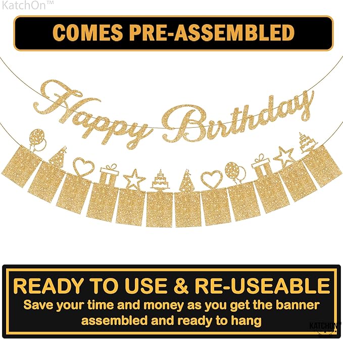 KatchOn, Glitter Gold Happy Birthday Photo Banner - Prestrung, 2 Strings, 10 Feet | Happy Birthday Banner with Photo for Gold Birthday Decorations