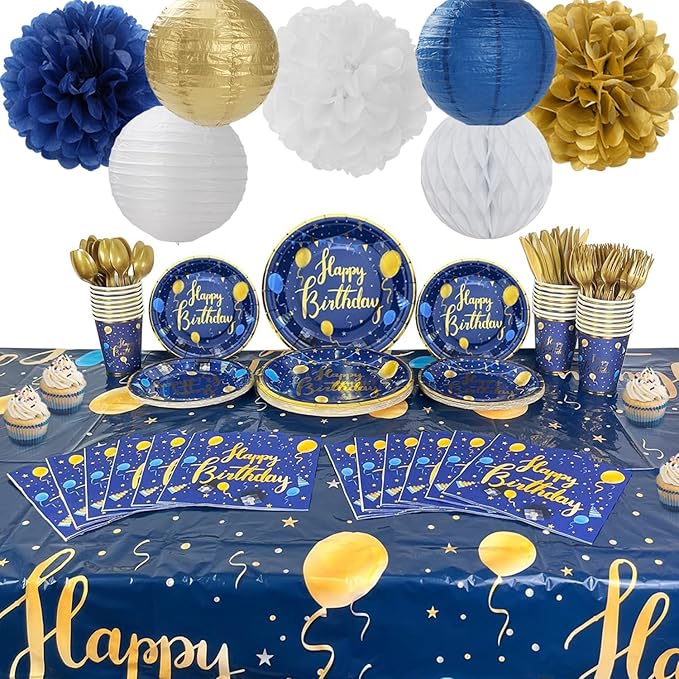 Navy Blue Gold White Paper Flowers Tissue Pom Poms Honeycomb Lanterns 15pcs Royal Party Decorations Birthday Wedding Baby Bridal Shower Bachelorette Graduation Hanging Supplies Mprocherify