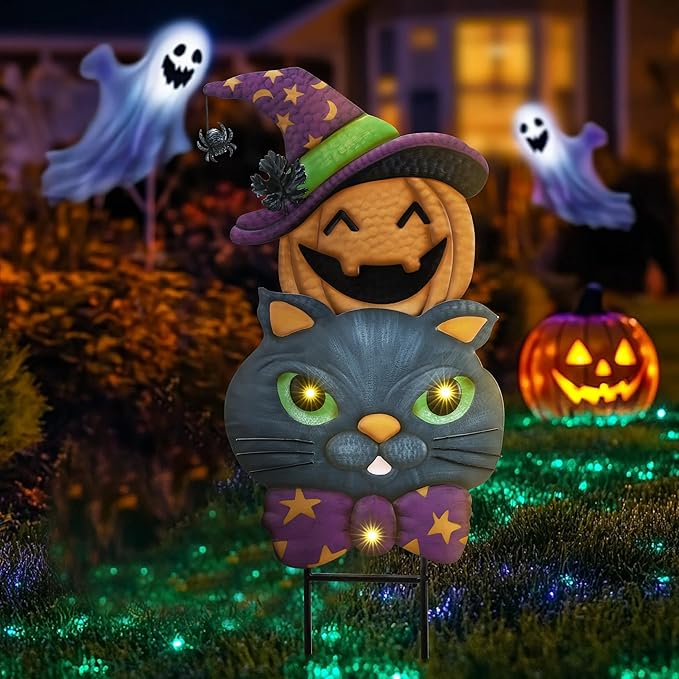 TERESA'S COLLECTIONS Pre-Lit Halloween Decorations Outdoor, Solar Garden Stake with 2 Stacks Cute Black Cat Pumpkin, Jack O Lantern Metal Yard Art Lawn Gift for Valentines Party Porch Patio Decor, 23"