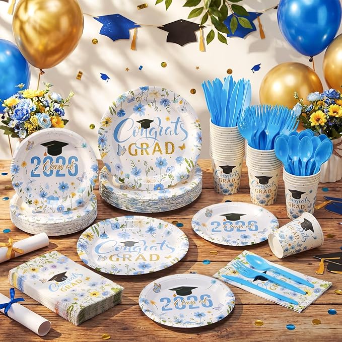 400 Pcs Class of 2026 Blue Floral Graduation Decoration for 50 Guests, Light Blue Gold Flower Graduation Paper Plates Napkins Cups Cutlery Grad Tableware for 2026 Congrats Grad Party Supply