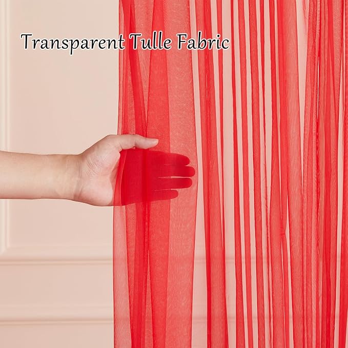 30x10ft Red Tulle Backdrop Curtain with Lights String for Parites, Sheer Backdrop Curtains for Wedding Baby Shower Birthday Party Photo Shoot Decorations