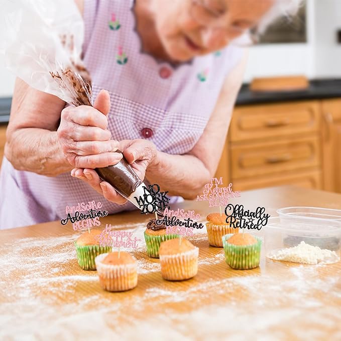 Gyufise 30Pcs Happy Retirement Cupcake Toppers Officially Retired Cake Toppers No Work Zone Adventure Begins Cupcake Picks for Retirement Theme Farewell Birthday Party Decorations Supplies Pink Black