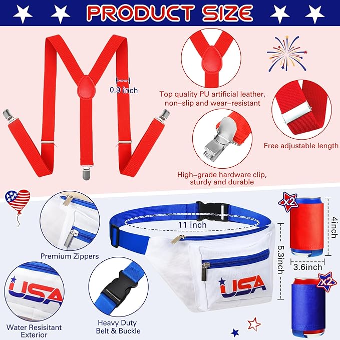 Sweetude USA America Flag Fanny Pack 4th of July Patriotic Beverage Beer Belt Costume Set Outfit Accessories with Drink Holder Sunglasses Striped Sweatband Men Women