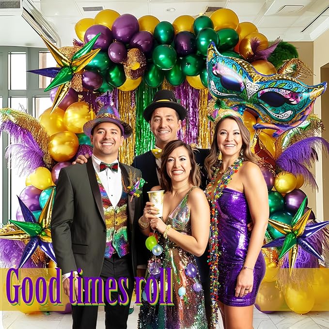 Mardi Gras Purple Green Gold Balloon Garland Arch Kit 101 Pcs with large mylar Star Mardi Mask foil Balloons for 2026 Birthday Masquerade fat Tuesday Theme party Decorations (Purple Green Gold)