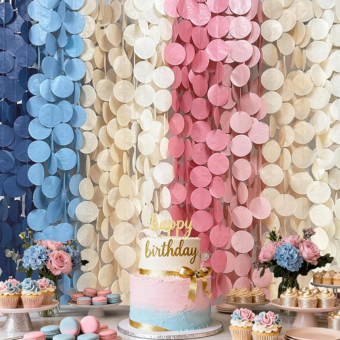 205 Ft Dusty Rose Pink Blue Khaki Beige Circle Dot Backdrop Garland Tissue Paper Polka Dots Hanging Streamer for Gender Reveal He or She Boy or Girl Baby Shower Birthday Wedding Party Decorations