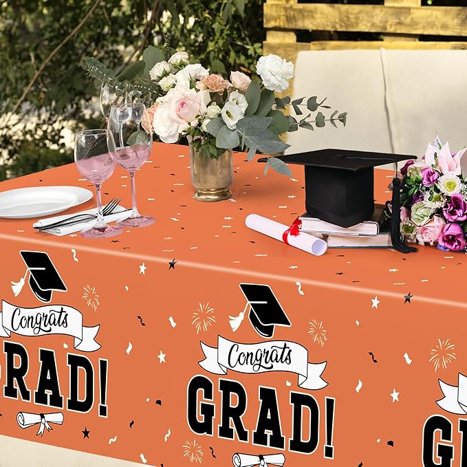 QZYL 2Pcs 2026 Graduation Table Cloths, 108" X 54" Orange Grad Party Decorations, Disposable Plastic Tablecover for Grad Decor Party Supplies, Rectangle Table Cloths for Class 2026 Congrats Grad
