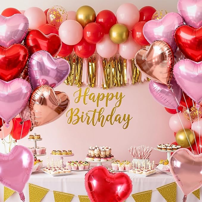 TONIFUL 30Pcs 18 Inch Rose Gold Red PInk Balloons Heart Shape Foil Mylar Banners Decoration for Birthday Valentine's Day Wedding Bridal Shower Anniversary Engagement Party Supplies
