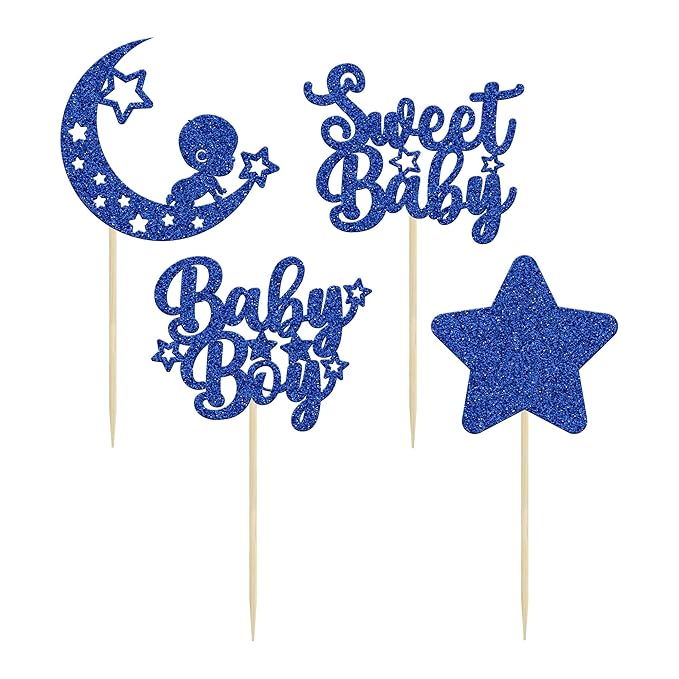 Gyufise 24Pcs Baby Shower Boy Cupcake Toppers Glitter Star Moon Sweet Baby Boy Cupcake Picks Baby Shower Boys Birthday Party Cake Decorations Supplies Deep Blue