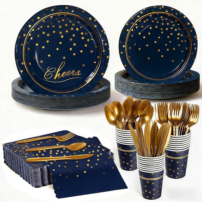 OuMuaMua Blue Paper Plates and Napkins Party Supplies for 24 Guests, 168 Pcs Navy Blue Disposable Plates with Utensils Set for Blue and Gold Graduation Retirement Birthday Party Decorations