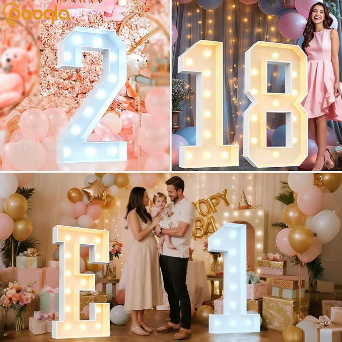 Pooqla 4 FT Light Up Marquee Numbers, Giant Mosaic Number Cool White and Warm White LED, Large Lighted Marquee Numbers for Balloons 7th 17th 70th Birthday Party Decoration, LED 7