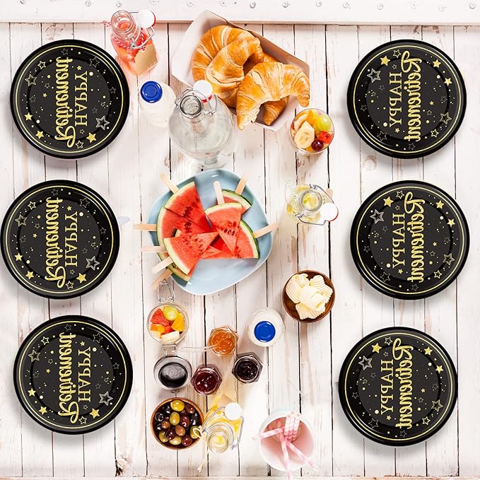Wiooffen 48 Pcs Retirement Paper Plates Happy Retirement Party Supplies Decorations Disposable Dessert Plates Decorations Black and Gold Retired Plates Graduations Tableware for Men Women
