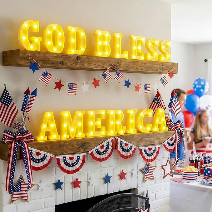 15 Pcs Patriotic Decorations 6.4 Inch God Bless America LED Letter Lights Sign 4th of July Table Decoration for Patriotic Welcome Memorial Day